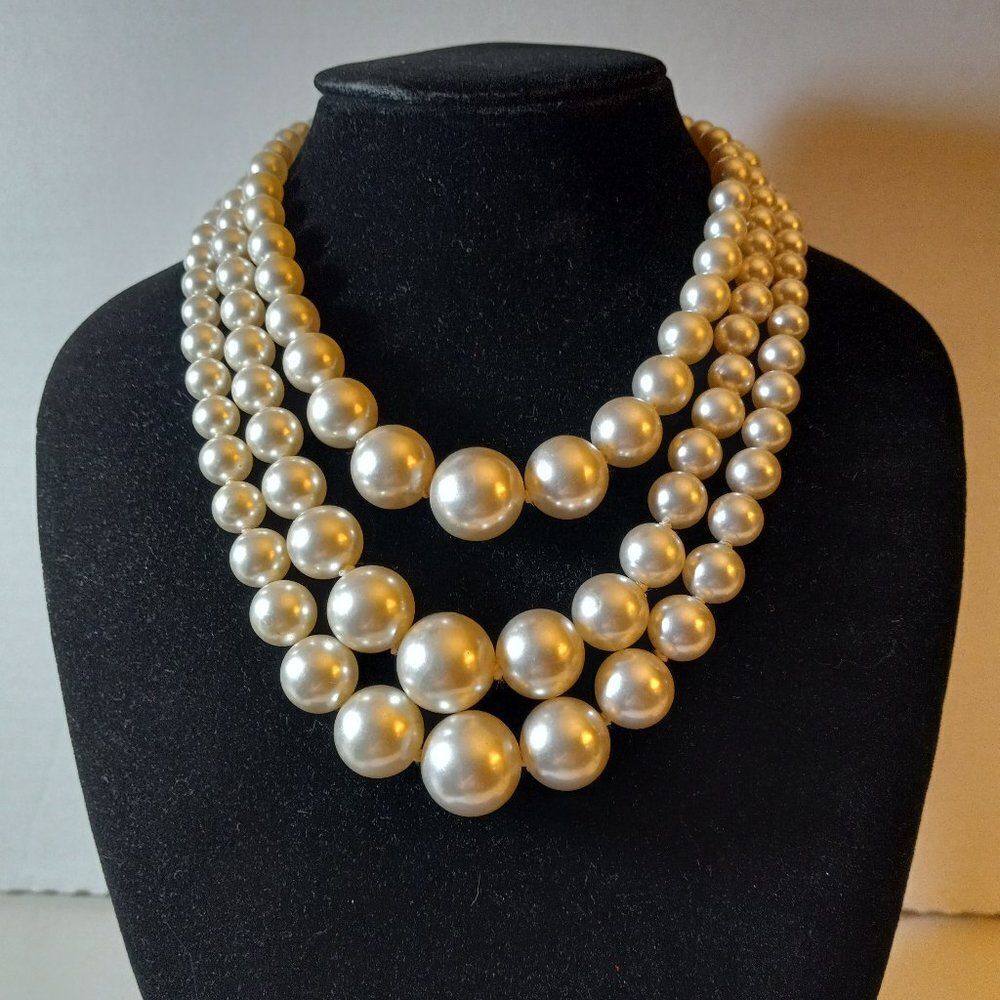 Three Strand Graduated Faux Pearl Necklace
